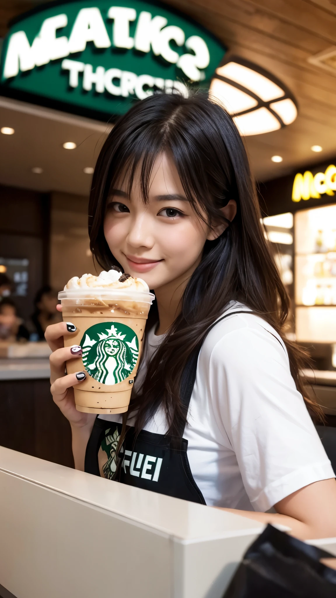 A beautiful black-haired woman transformed into a Starbucks employee is holding a Frappuccino