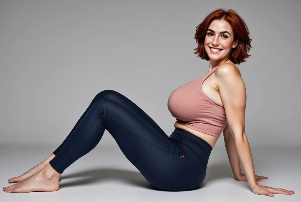 Photorealistic sideview picture featuring a beautiful british woman doing sit-ups.   She has a happy smile. she's with brown eyes, downturned eye shape. She has high cheekbones and dark eyebrows. She has reddish-brown hair. light skin and freckles. Her attire includes a light rose Spandex tank top, dark blue jogging pants. 