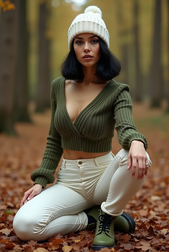 Generate full body photography of Autumn, the stunning Bettie page influencer. She should appear in her mid-20s, approximately 5'4" tall, with long, wavy black hair that falls gracefully on her shoulders. She has an athletic hourglass figure accentuated by her full bust. Her complexion should be flawless, with a warm, sun-kissed tan. Autumn's expressive brown eyes should radiate charisma, and she should have a relaxed and confident demeanor. Outfit her in a cozy ensemble, including an oversized cable-knit sweater in rich autumnal hues, snug-fitting jeans that highlight her curves, soft brown gloves ,and knee-high leather boots with warm socks peeking out. Place Autumn in a serene, sunlit forest clearing during the peak of fall foliage. The ground should be covered with fallen leaves in various shades of red, orange, and gold. Surround her with towering, colorful trees in the background, their leaves gently rustling in the breeze. Capture Autumn in a variety of cozy poses. She could be wrapped in a warm blanket, sipping hot cocoa from a rustic mug, sitting cross-legged on a blanket among the fallen leaves, or leaning against a tree, gazing contemplatively into the distance.Enhance the scene with intense makeup that accentuates her features, especially her eyes. Ensure symmetrical eyes and face. Employ photorealistic techniques, including path tracing, specular lighting, volumetric face light, path traced hair, visible shadows, intricate details, and elaborate, hyper-realistic rendering.