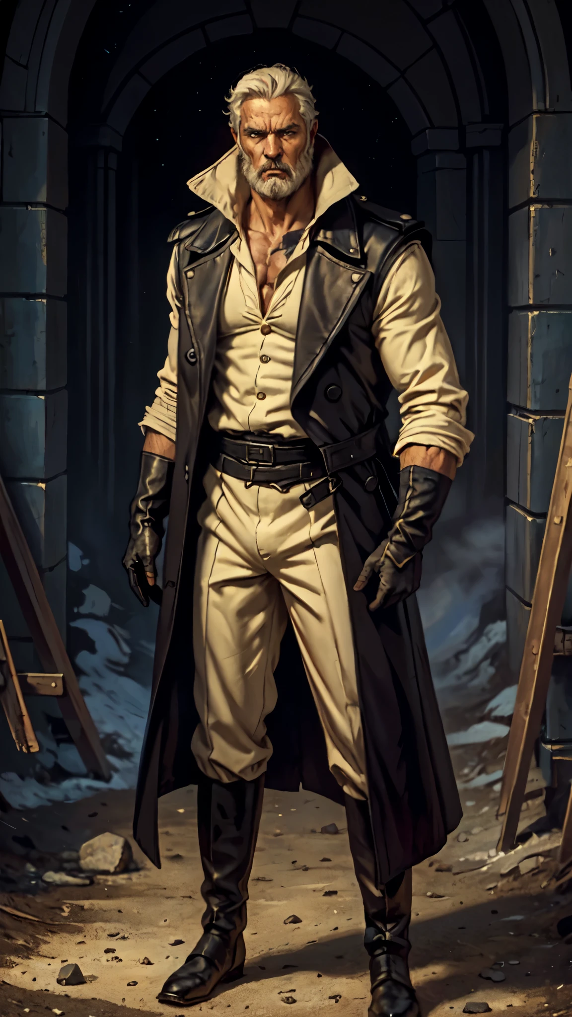 (masterpiece:1.2, best quality:1.2, extremely delicate:1.2), ((male:1.5)), an older man with medium-length long disheveled gray hair, 50 years old, sorrowful eyes, sharply defined facial features, full beard, tall and muscular physique, a simple two-piece fantasy-realism outfit, a pale yellow undershirt, a sleeveless long trench coat, long gloves, coarse fabric trousers, standing on a desolate battlefield, bowing his head in mourning, this character embodies a finely crafted fantasy-realism wuxia-style warrior in anime style, exquisite and mature manga+oil painting art style, dramatic, high definition, highres, ultra-detailed, ultra-fine painting, professional, perfect body proportions, golden ratio, anatomically correct, symmetrical face, extremely detailed eyes and face, high quality eyes, creativity, RAW photo, UHD, 32k, Natural light, cinematic lighting, (masterpiece-anatomy-perfect:1.2)