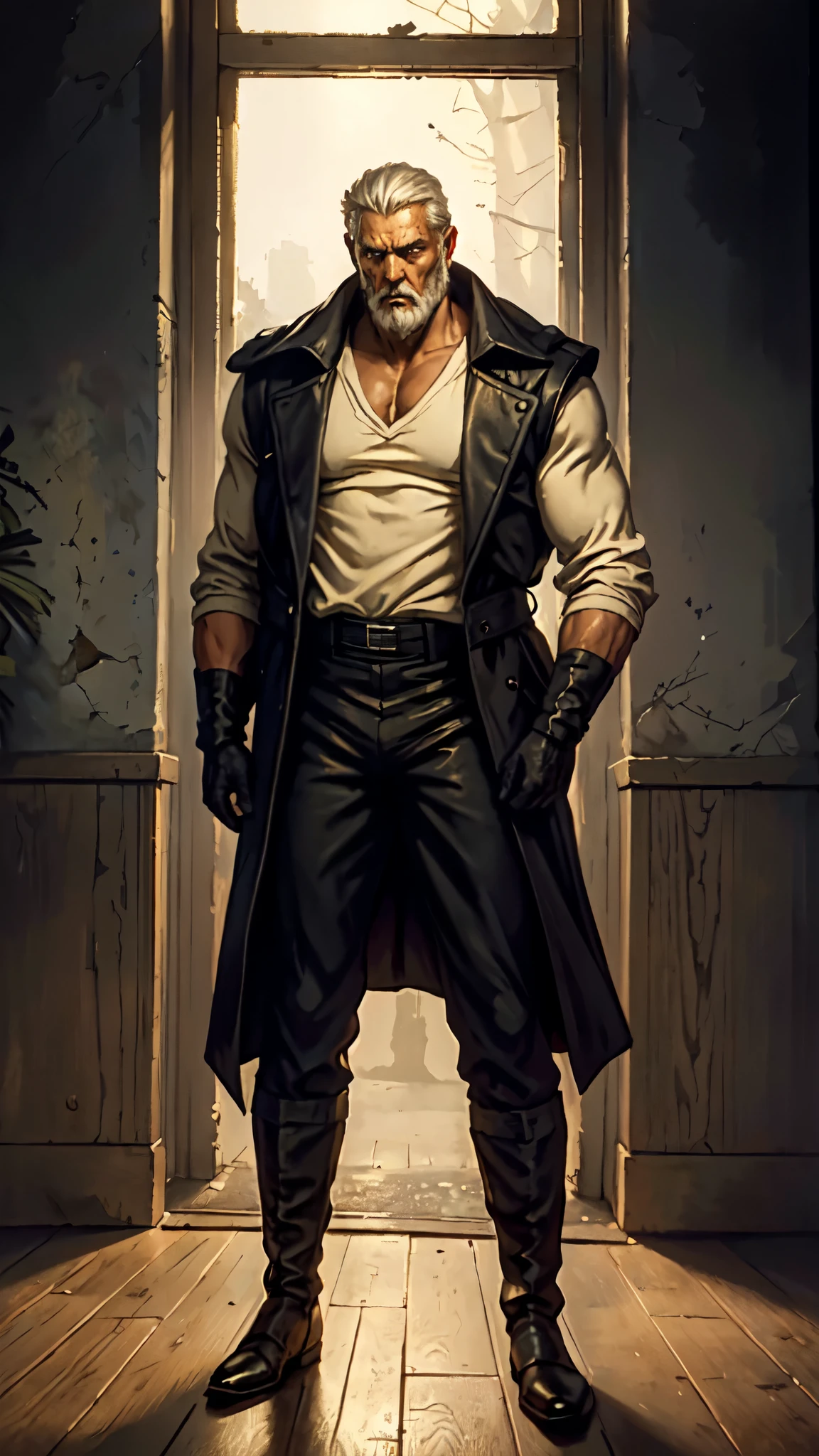 (masterpiece:1.2, best quality:1.2, extremely delicate:1.2), ((male:1.5)), an older man with medium-length long disheveled gray hair, 50 years old, sorrowful eyes, sharply defined facial features, full beard, tall and muscular physique, a simple two-piece fantasy-realism outfit, a pale yellow undershirt, a sleeveless long trench coat, long gloves, coarse fabric trousers, standing on a desolate battlefield, bowing his head in mourning, this character embodies a finely crafted fantasy-realism wuxia-style warrior in anime style, exquisite and mature manga+oil painting art style, dramatic, high definition, highres, ultra-detailed, ultra-fine painting, professional, perfect body proportions, golden ratio, anatomically correct, symmetrical face, extremely detailed eyes and face, high quality eyes, creativity, RAW photo, UHD, 32k, Natural light, cinematic lighting, (masterpiece-anatomy-perfect:1.2)