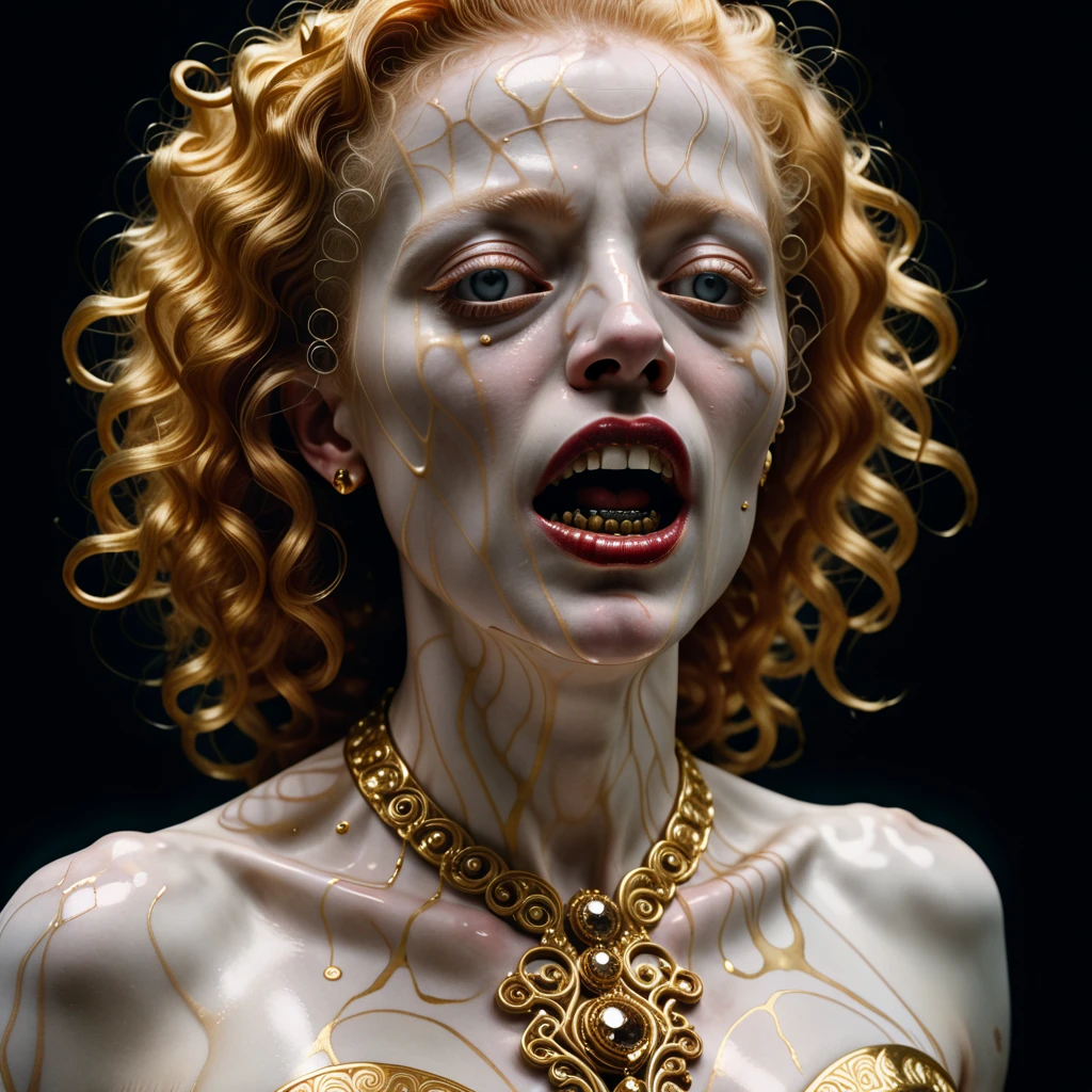 A disturbing close-up of an austrian albino woman captured in a Kafkaesque Nightmare, set against a black surface. The composition, rendered with the precision of cloisonnism and intricate details, showcases elaborate gold jewelry that contrasts hauntingly with her curly red hair. The mood is aggressive and perplexing, as she twists and screams in agony, perhaps singing an aria from an opera while embodying the grim realities of her suffering. The Escher Perspective adds a surreal quality to the frame, drawing attention to the putrid surroundings that reflect her distress and the remnants of neglect. This highly detailed portrayal evokes strong emotional responses, forcing the viewer to confront the starkness of her existence.
