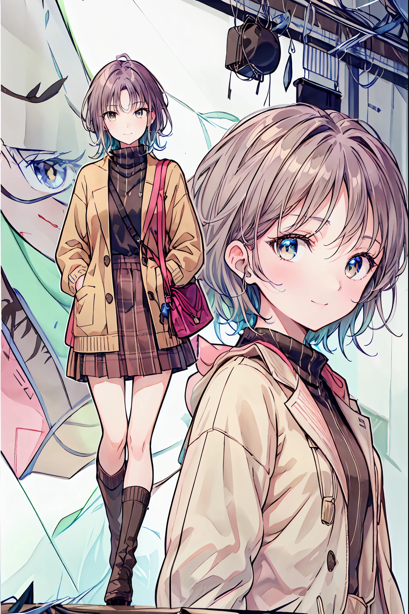  brown hair， shortcuts， messy hair ， Short Braided Hair ，Neat， slender beauty，Dignified posture， small breasts， beautiful legs with tails， her enchanting gray-blue eyes shine like stars， vibrant colors,  beautiful eyes ,繊細なsmile,textured skin, best quality ,  gentle and beautiful woman  , anime style､Irohaisshiki, Isshiki Iroha ,  long hair,  Short Braided Hair , ponytails bleeding from the vagina, brown hair, ( Brown Eyes :1.5), smile, muffler , Long Coat , sweater, long black skirt , black tights, Short Boots ,morning日,morning,Campus Life,On the way to school in winter,Cold Sky,that&#39;that&#39;s it's snowing ,
break outdoors, Around town,ビル街
break looking at viewer,
break (masterpiece:1.2),  best quality,  high definition ,  unity 8k Wallpaper , (shape:0.8), (美しくて  beautiful eyes :1.6),   I have a very detailed face ,  perfect lighting,  Highly Detailed CG, (  Perfect Hands ,   Perfect Anatomy  ),