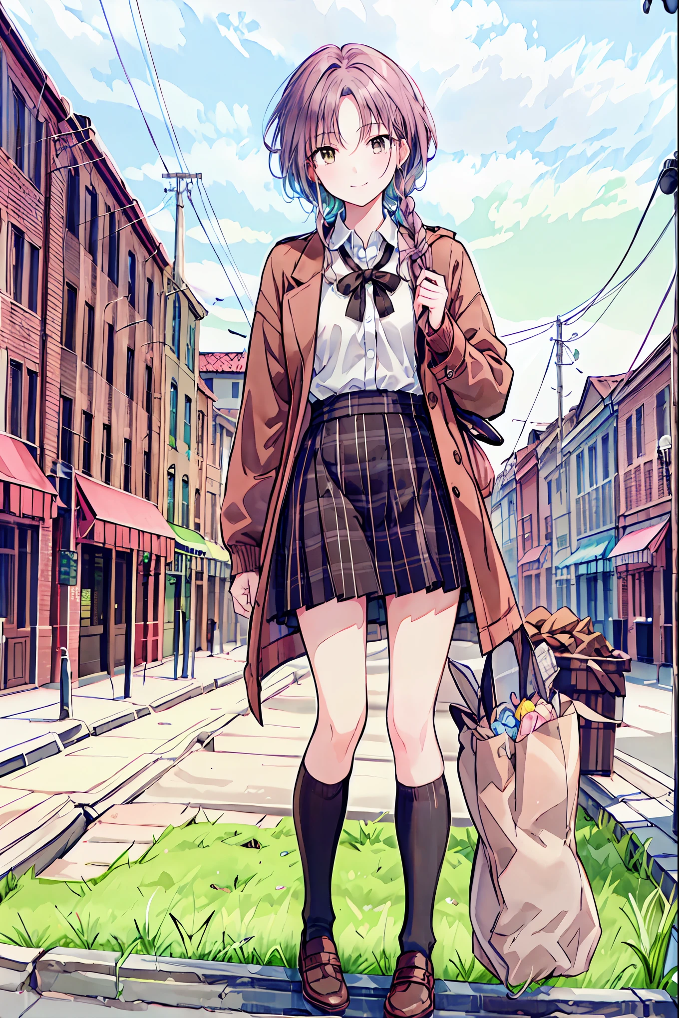  brown hair， shortcuts， messy hair ， Short Braided Hair ，Neat， slender beauty，Dignified posture， small breasts， beautiful legs with tails， her enchanting gray-blue eyes shine like stars， vibrant colors,  beautiful eyes ,繊細なsmile,textured skin, best quality ,  gentle and beautiful woman  , anime style､Irohaisshiki, Isshiki Iroha ,  long hair,  Short Braided Hair , ponytails bleeding from the vagina, brown hair, ( Brown Eyes :1.5), smile, muffler , Long Coat , sweater, long black skirt , black tights, Short Boots ,morning日,morning,Campus Life,On the way to school in winter,Cold Sky,that&#39;that&#39;s it's snowing ,
break outdoors, Around town,ビル街
break looking at viewer,
break (masterpiece:1.2),  best quality,  high definition ,  unity 8k Wallpaper , (shape:0.8), (美しくて  beautiful eyes :1.6),   I have a very detailed face ,  perfect lighting,  Highly Detailed CG, (  Perfect Hands ,   Perfect Anatomy  ),