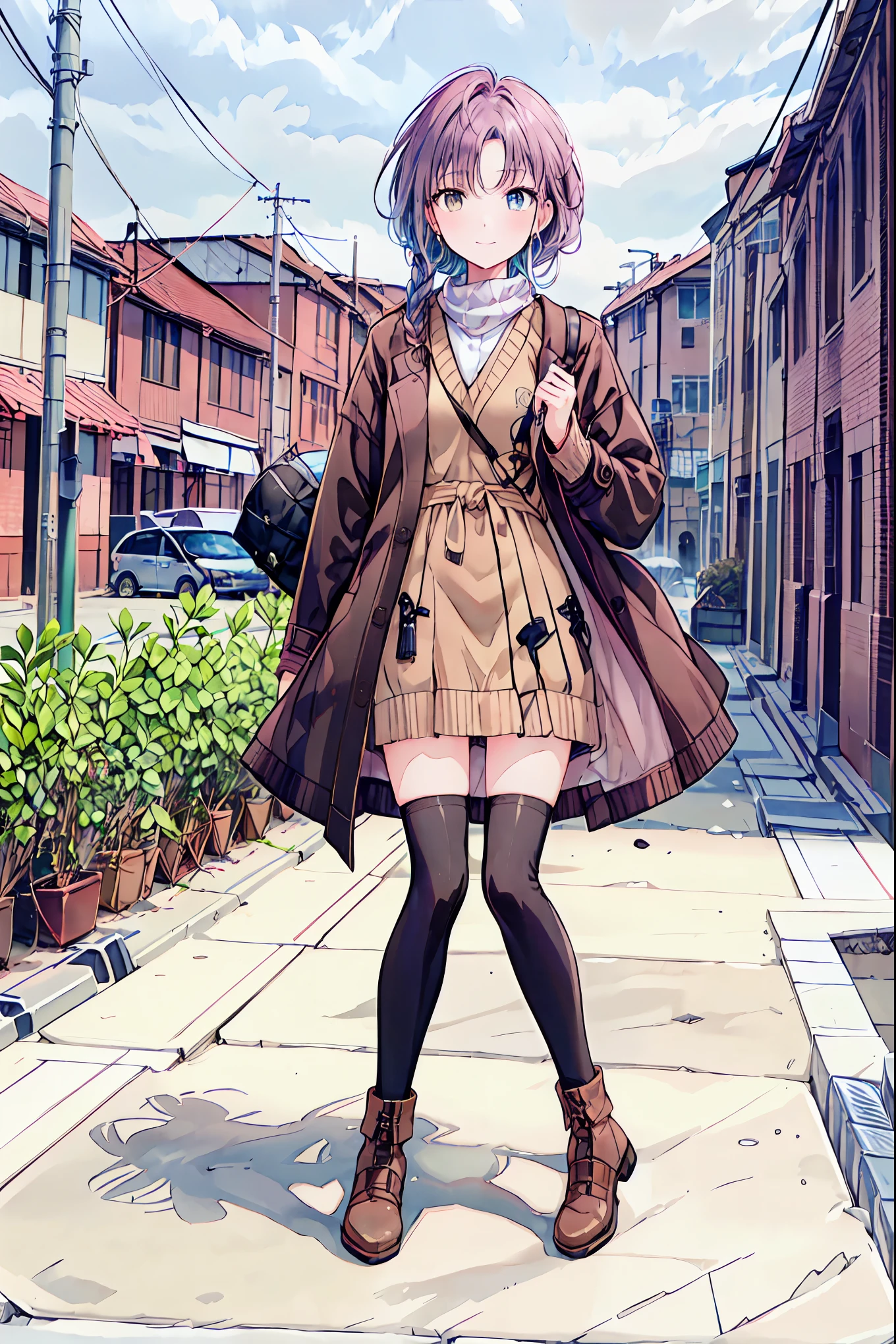  brown hair， shortcuts， messy hair ， Short Braided Hair ，Neat， slender beauty，Dignified posture， small breasts， beautiful legs with tails， her enchanting gray-blue eyes shine like stars， vibrant colors,  beautiful eyes ,繊細なsmile,textured skin, best quality ,  gentle and beautiful woman  , anime style､Irohaisshiki, Isshiki Iroha ,  long hair,  Short Braided Hair , ponytails bleeding from the vagina, brown hair, ( Brown Eyes :1.5), smile, muffler , Long Coat , sweater, long black skirt , black tights, Short Boots ,morning日,morning,Campus Life,On the way to school in winter,Cold Sky,that&#39;that&#39;s it's snowing ,
break outdoors, Around town,ビル街
break looking at viewer,
break (masterpiece:1.2),  best quality,  high definition ,  unity 8k Wallpaper , (shape:0.8), (美しくて  beautiful eyes :1.6),   I have a very detailed face ,  perfect lighting,  Highly Detailed CG, (  Perfect Hands ,   Perfect Anatomy  ),