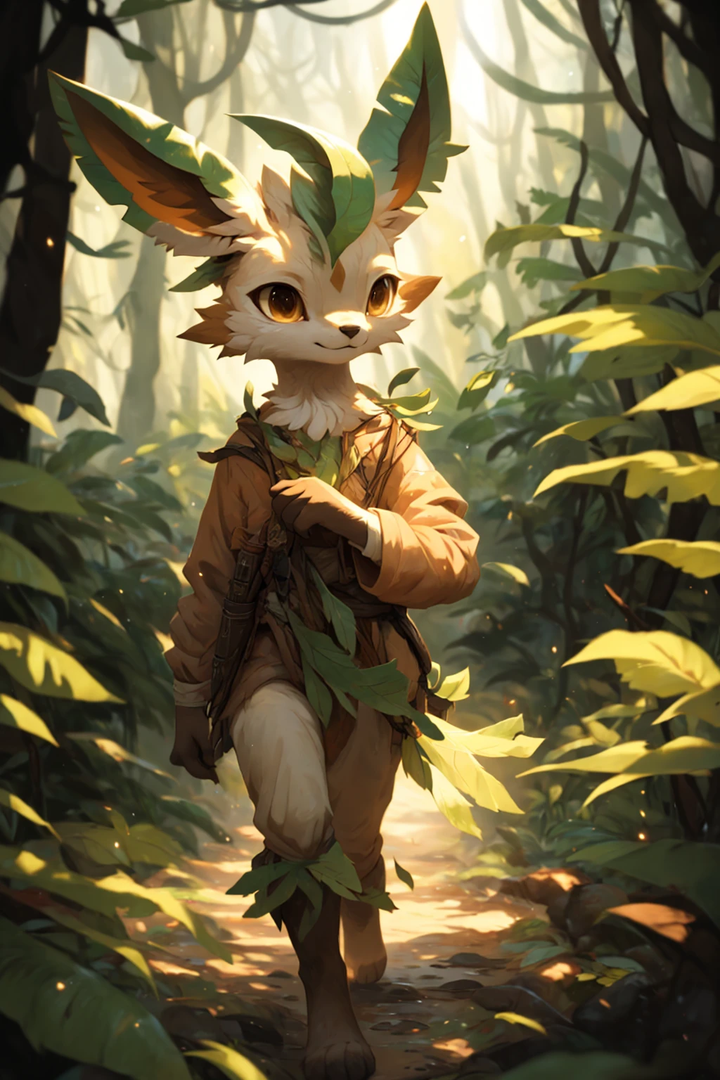 Mystic illustration, antro leafeon walks on the forest floor, digitigrade toes, slim, from bushes pov, high quality, 4k, professional illustration, trending, masterpiece, forest light and shadows effect, lightray, warm colors tone, clothes of leaves, high quality dirt, treeroof's shadows, oil painting realism, by hioshiru