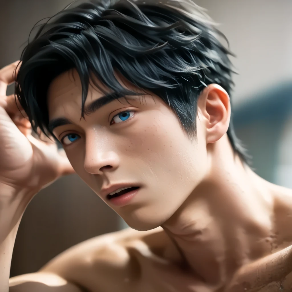 ( black hair) blue eyes　 Japanese,Age 19, slender,masterpiece, accurate, Yaoi gay anal sex penis anatomically correct,  best quality, portrait,((( textured skin )))