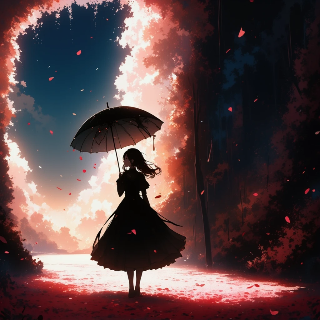 
1girl\(holding umbrella\(transparent,mass amount of petals decorate umbrella\)\), mass amount of petals filling in the air. petals cover ground. minimalism, simplism