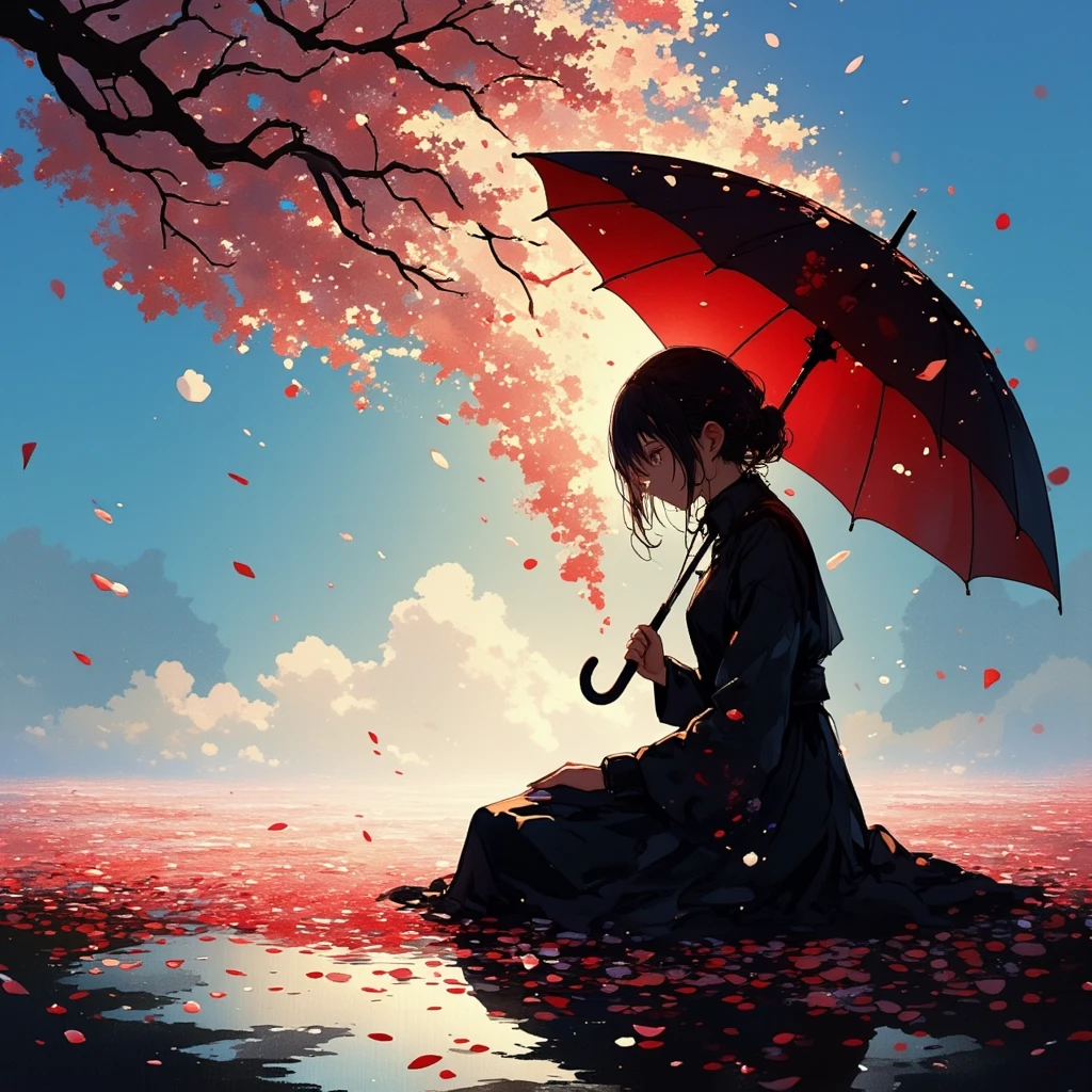 
1girl\(holding umbrella\(transparent,mass amount of petals decorate umbrella\)\), mass amount of petals filling in the air. petals cover ground. minimalism, simplism