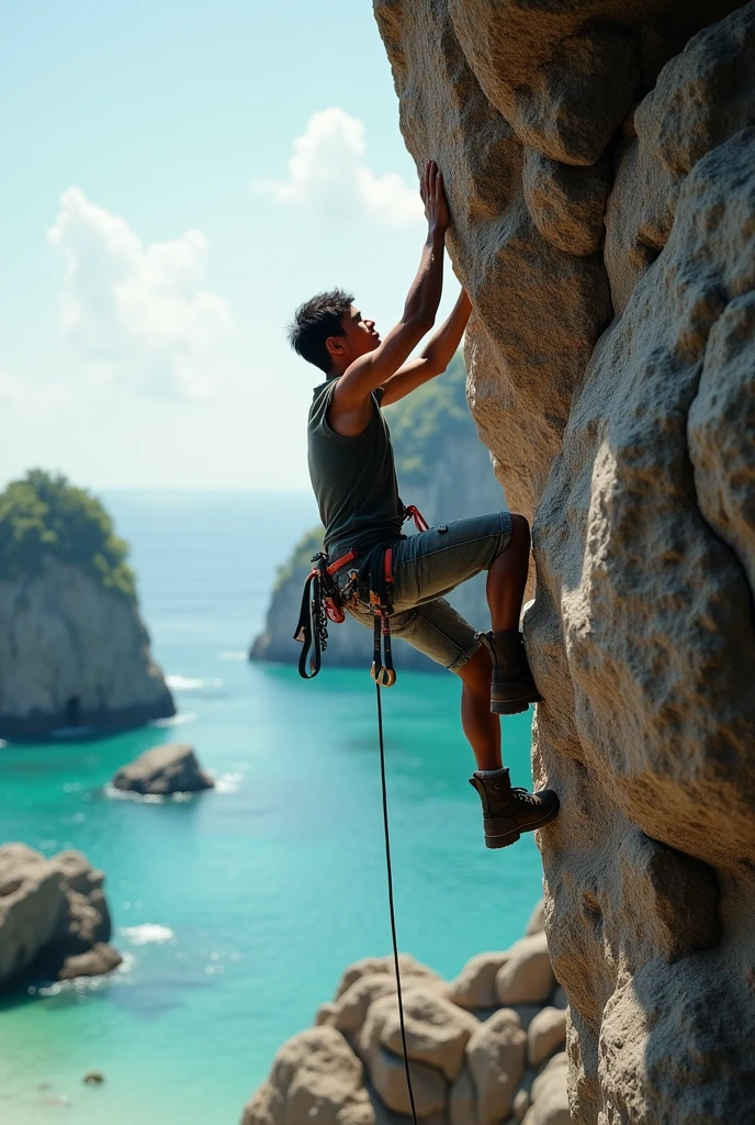 A man climbed up a palm tree