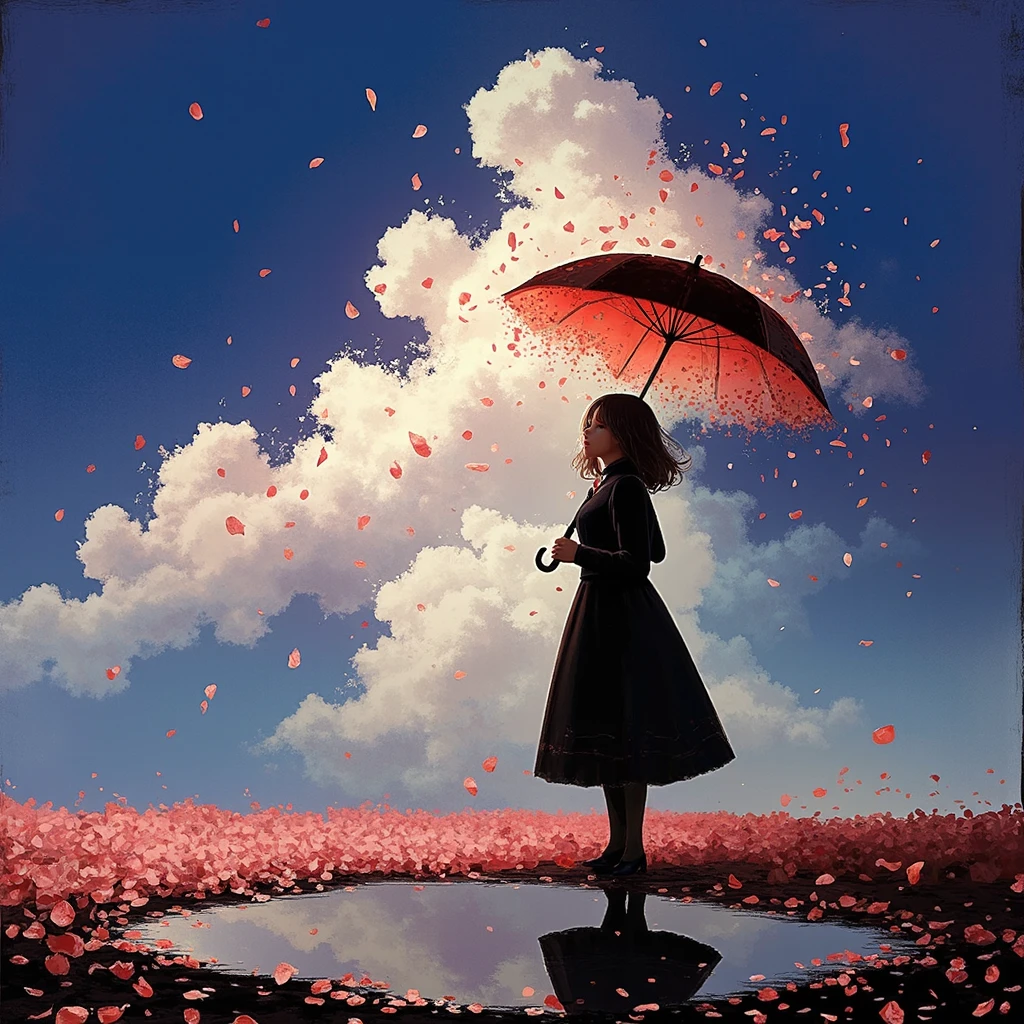 1girl\(holding umbrella\(transparent,mass amount of petals decorate umbrella\)\), mass amount of petals filling in the air. petals cover ground. minimalism, simplism