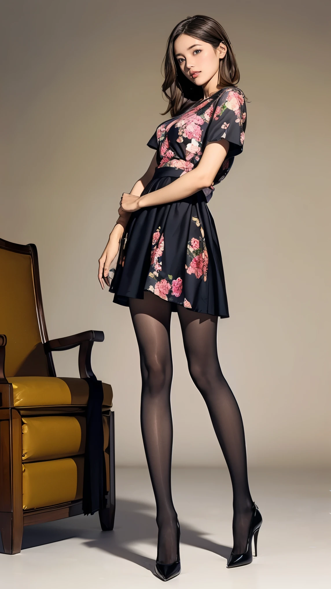 ((masterpiece)),(((  best quality ))), Thin Thighs , long legs ,whole body:1.5，( one girl who is at ease:1.3),(I'm wearing a medium length flared skirt dress with black pantyhose and thick pointed heels ：1.3),(Wearing a floral miniskirt dress:1.2), short blonde:1.2、 Model Pose ，