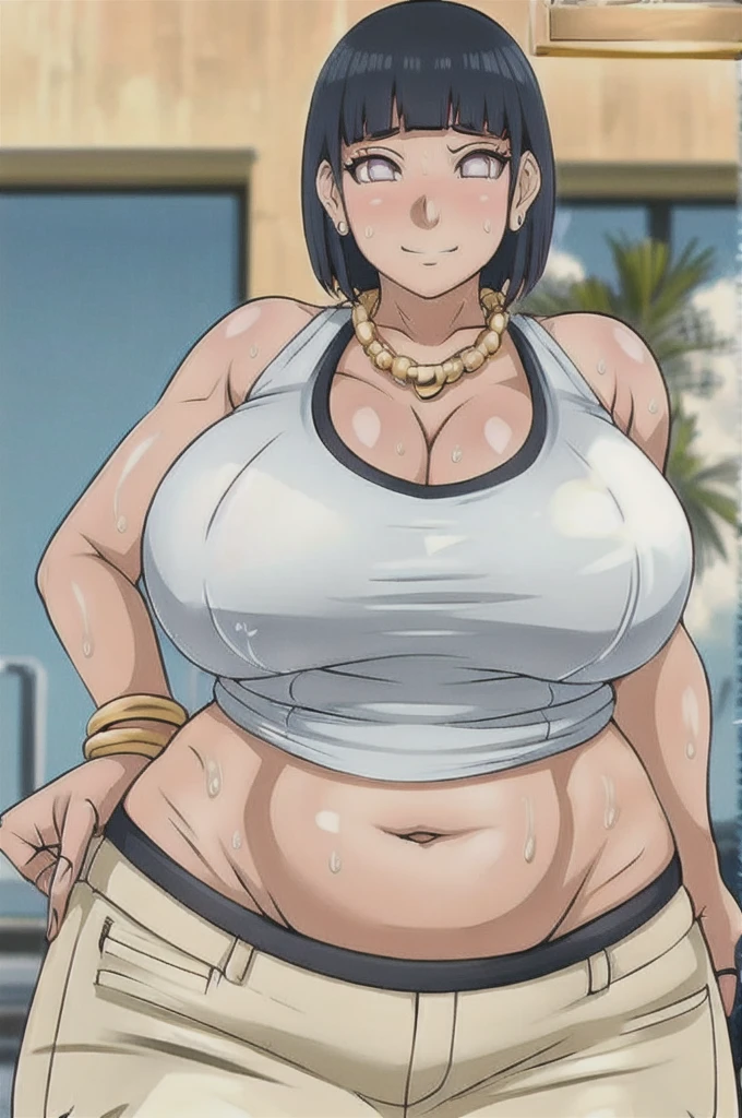 Hinata hyuuga,saggy Big breast,Cleavage,Gold chain necklace,Gold hoopa bracelet,((vertical bar earring)),Long nail,Skindentation,((Wedding ring)),ear visible,disehelved white colored tank top half wet from sweat,Lowrise tight pants,Solo,1girl,Detailed hand,Standing,((Body facing front)),Visible nape,Glossy lips,Wide hip,blush,Gaze on viewer,heavy Sweat,Surprised expression,After sex heavy breath,visible smoke,Smile,hair behind ear,Sideburn hair