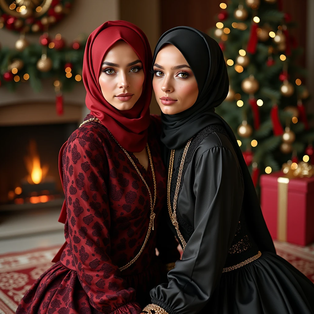 Two beautiful hijab girls with long hair, hair sticking out from under the scarf. Short and tight skirt, beautiful yellow and red bodice, big and beautiful black eyes and very high and very realistic quality, cleaning the table, red lips and black pantyhose, secretary dress and bent down and big breasts. Tori bust, head in profile, flirting with closed eyes, cinematic, illuminated, Arabic face makeup
