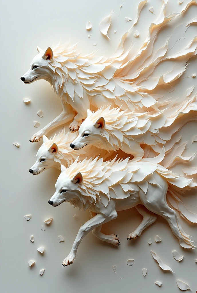 make an abstract painting from egg shells, a pack of wolves