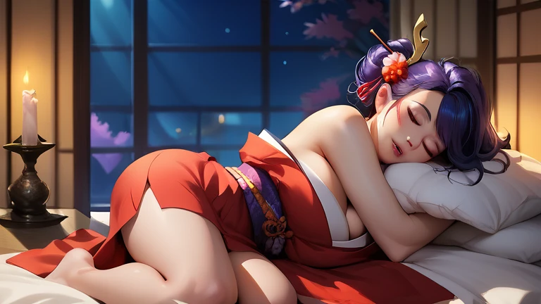 Look away。Turn away。Cool Beauty Fox Princess。Relax in a reclining chair with your legs stretched out。kimono。Big Breasts