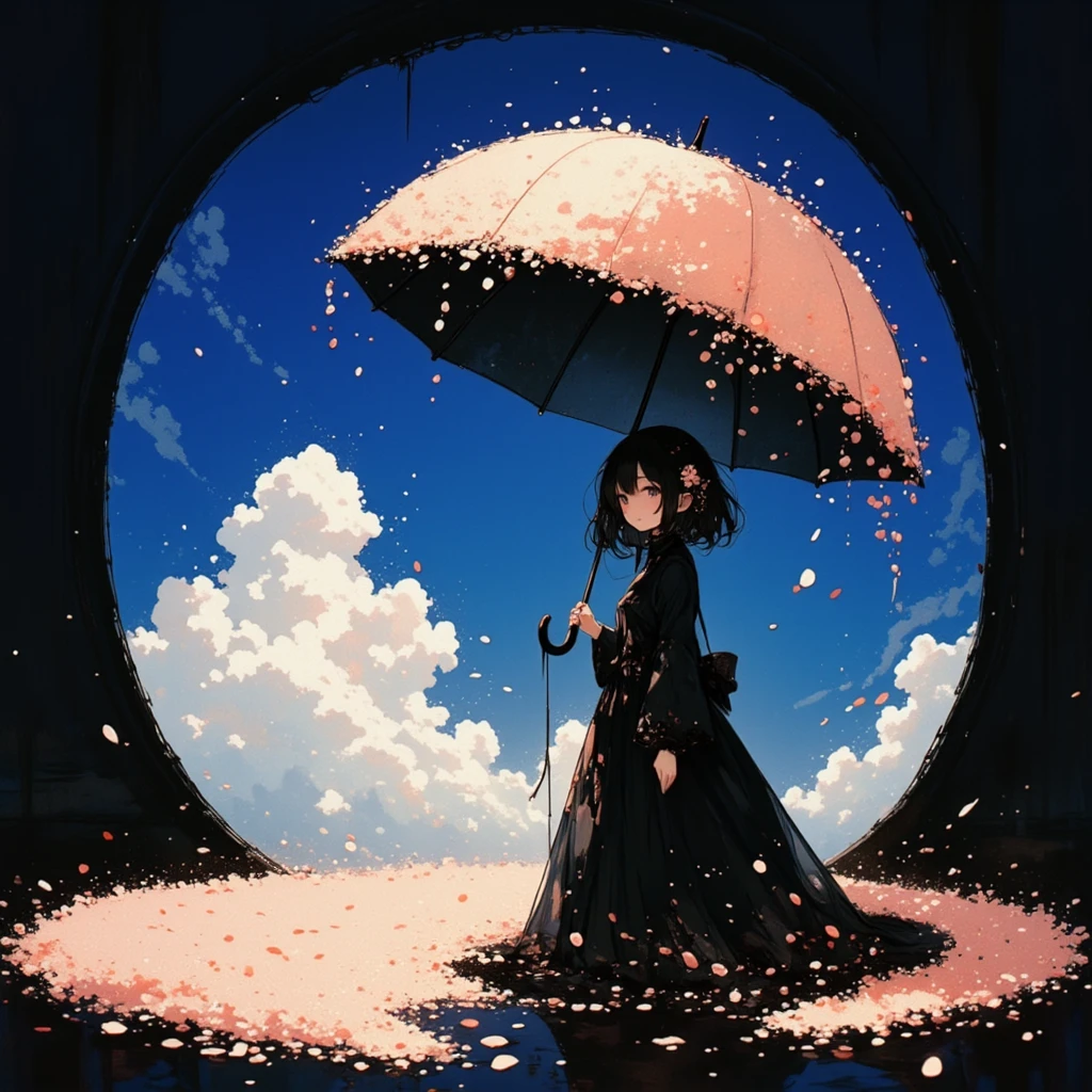 
1girl\(holding umbrella\(transparent,mass amount of petals decorate umbrella\)\), mass amount of petals filling in the air. petals cover ground. minimalism, simplism