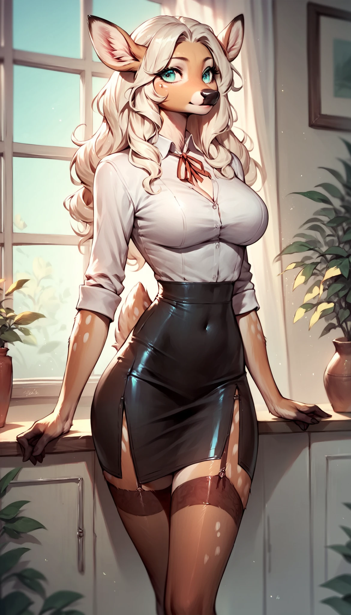 score_9, score_8_up, score_7_up, score_6_up, score_5_up, score_4_up, (solo), female anthro deer, secretary clothes, tight skirt, lusty, fluffy body, long blond hair, turquoise eyes, garter belt tights, from the back, backsite, from back