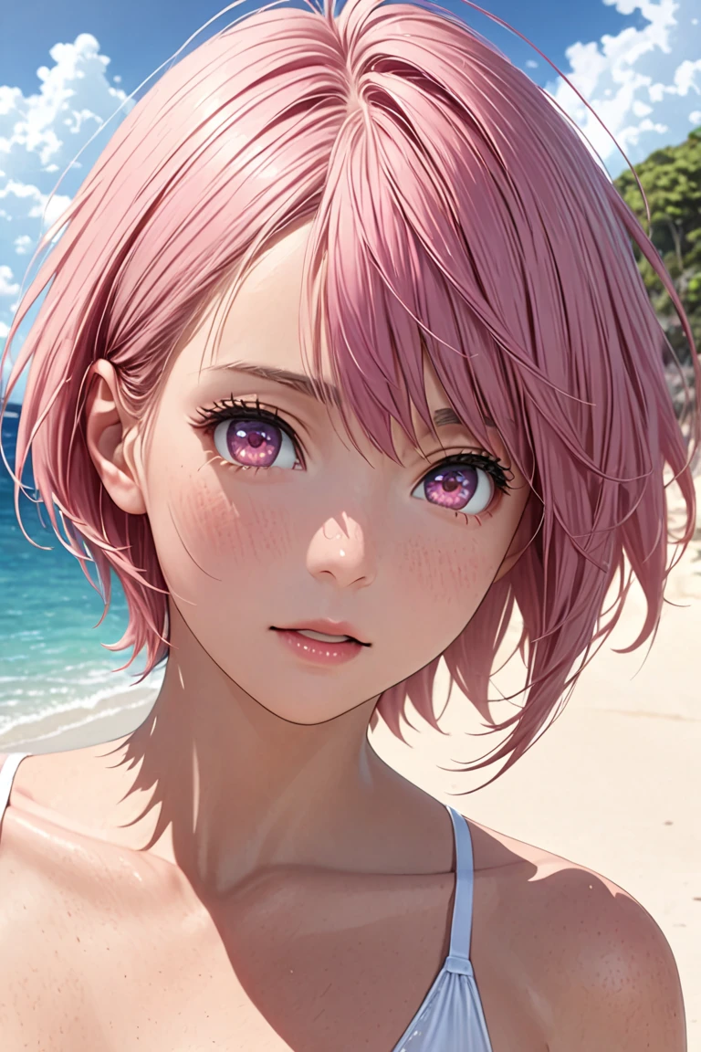 landscape, summer, blue sky, okinawa, private beach, cove, ocean, no people, hot weather, sun, HD details, ultra detail, membrane, hyper realism, soft light, deep focus blur, Makoto Shinkai, ( pink eyes, individual light hitting eyes ), ( high resolution of human skin texture Detail ), ( Asymmetrical short hair biased to the left ), Silky pink hair, Stupid hair ,White bikini