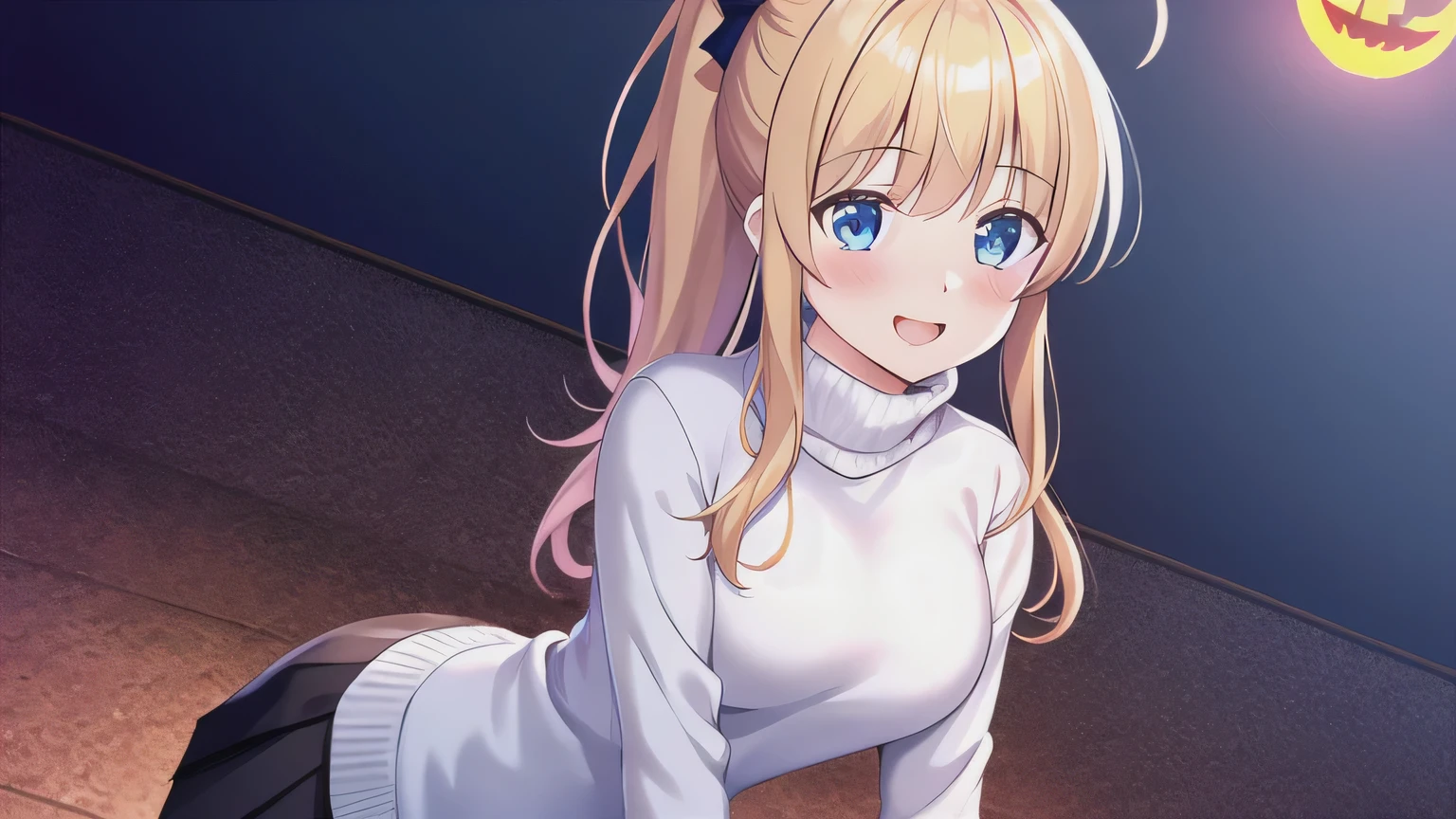 masterpiece,  best quality,  high definition , Game CG,  1 girl, ,Ponytail, blue eyes, watching viewers ,Ponytail, blue eyes ,  with bangs,Blonde,Droopy eyes,Align your bangs,smile,I'm watching , bangs, upper body,Ahoge, Halloween, Trick or Treat , turtleneck, Mini Skirt,alone,One person