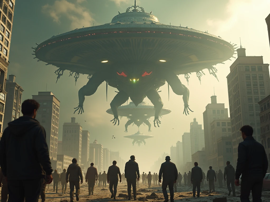 there are many people walking down the street with giant alien heads, denis villeneuve cinematography, inspired by Albert Joseph Pénot, pixelsquid, from overlord, during a biohazard apocalypse, parade setting, vfx action shot, eldritch horrors --auto --s2