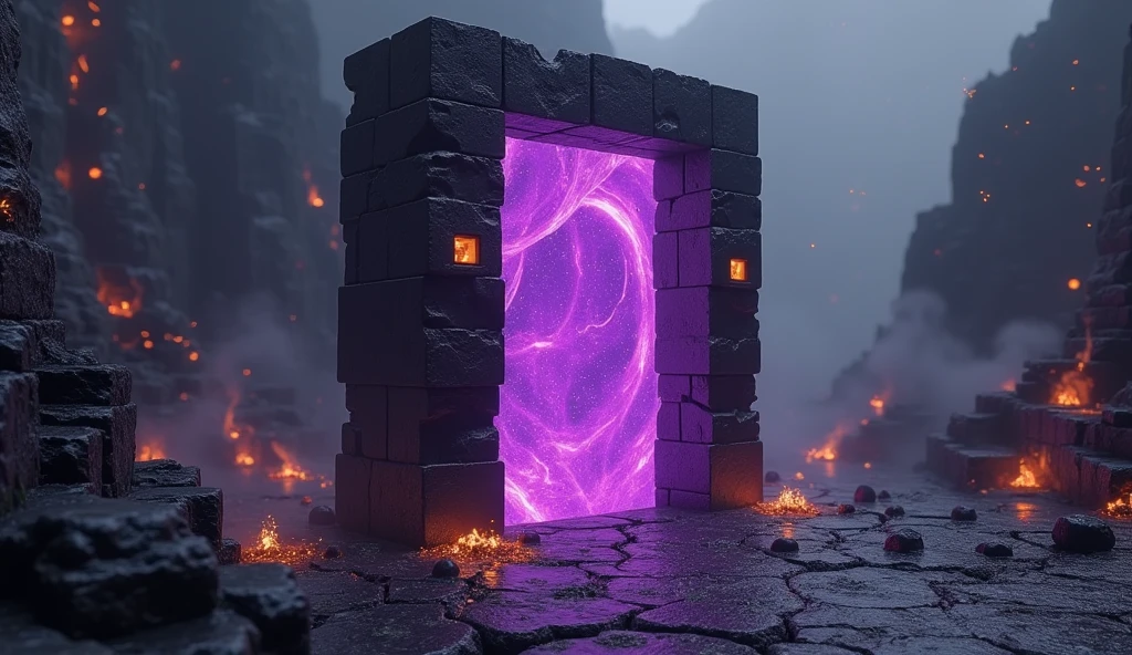 "A realistic depiction of a Minecraft Nether Portal in a real-world setting. The Nether Portal appears as a tall, rectangular frame made of dark, rough, obsidian blocks that shimmer with a purple and black iridescence. The portal itself is filled with swirling, pulsating purple and black energy, with sparks and small, glowing embers flickering around its edges. It stands in the middle of a rocky, desolate landscape with cracked, volcanic rock and patches of glowing magma. The surrounding environment is dark and foreboding, with a smoky haze and distant, ominous flashes of fire and light, creating an otherworldly and dangerous atmosphere."

