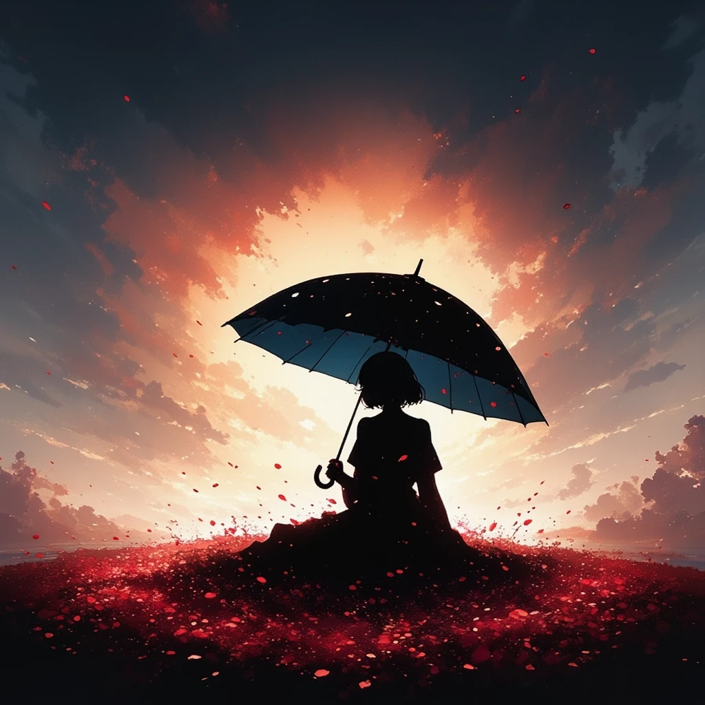 
1girl\(holding umbrella\(transparent,mass amount of petals decorate umbrella\)\), mass amount of petals filling in the air. petals cover ground. minimalism, simplism