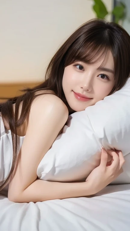 (full body shot),  High Definition CG Unity 8k , (( best quality)), ((Ultra High Quality)), ( super detailed), (Realistic, 超Realistic),  young and beautiful 20 year old Japanese woman 、smile、Sleeping on white sheets, With bangs,