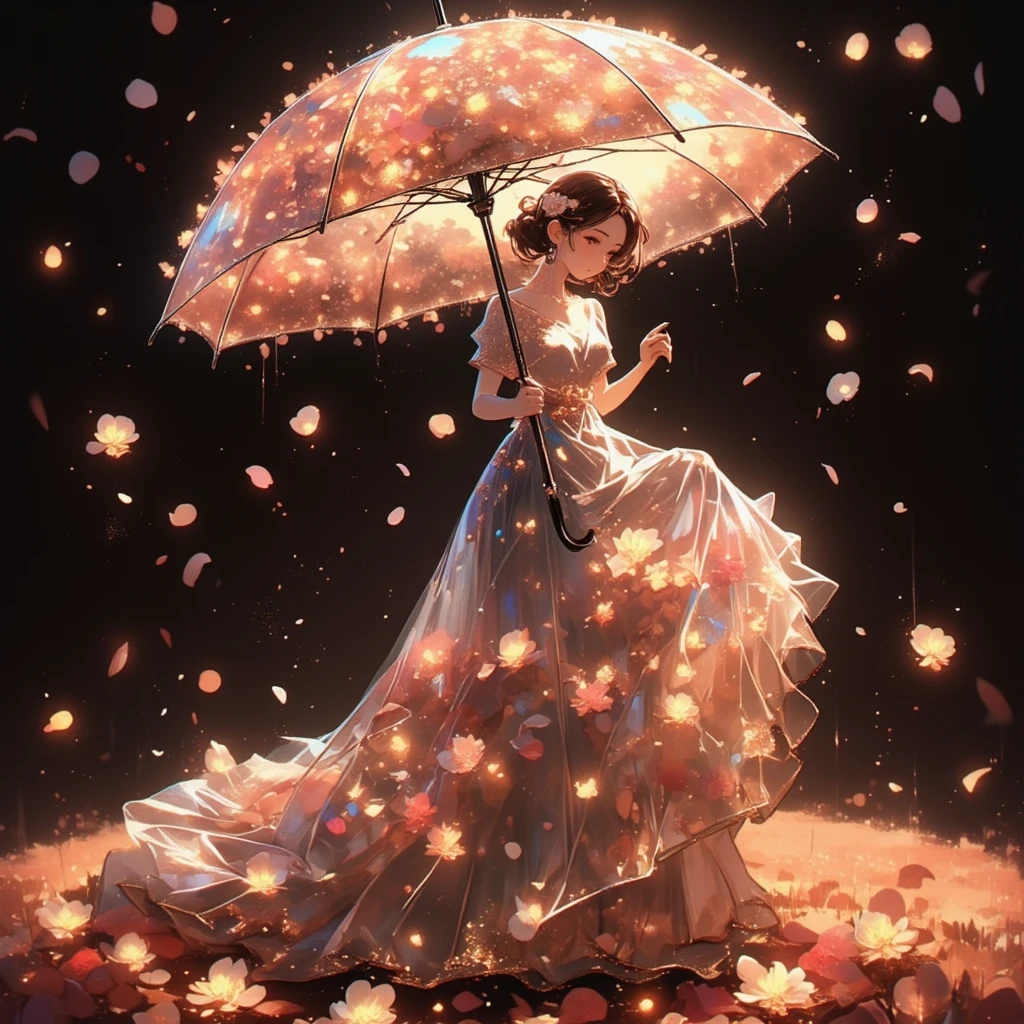 
1girl\(holding umbrella\(transparent,mass amount of petals decorate umbrella\)\), mass amount of petals filling in the air. petals cover ground. minimalism, simplism