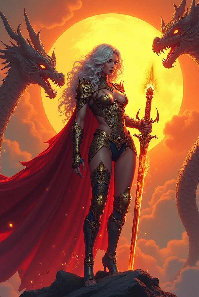cinematic light, A sexy woman in armor, legendary warrior , A beautiful babe,  erotic design , erotic pose, pore white hair,  big eyes, body covered with tattoo, red lips, pore red dress ,  FULL BODY , glowing eyes , cosmic, divine