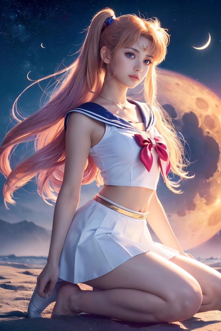 Masterpiece, best quality, (1 girl), super sailor moon, cowboy lens, night sky, moonlight, evening, white gloves, blue eyes, galaxy background, multicolored clothes, sailor senishi uniform, multicolored skirt, hair ornament, red bow, brooch, heart brooch, earrings, crescent, heart necklace, heart, very long hair, crescent moon earrings, tiara, yellow necklace, boots, knee boots, red shoes, long legs