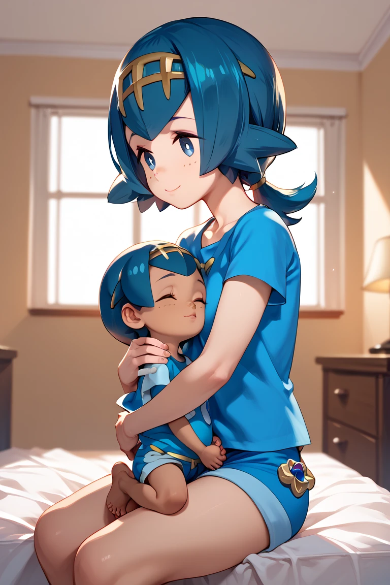 1girl, lana \(pokemon\), pale skinned,indoors, general, 
, dynamic angle,  bedroom,   BREAK mother and baby, small girl,hugging up, (((african baby))),