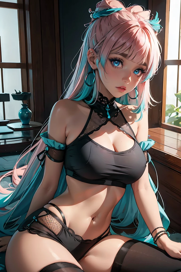 Goddess ((goddess-like woman)), slim elegant silhouette, masterpiece, (close angle), best quality, (Sangonomiya Kokomi), sweet face, (masterpiece:1,2, best quality), (real picture, intricate details), (1 lady , solo, medium tits, slim waistline, ), pink hair with turquoise tips, hair with a gradient, Hair with turquoise tips , bangs, blunt bangs, big Eyes, Ghost Eyes, turquoise eyes, she has an impressive presence. , ear piercing, bracelet, hoop earrings, beautiful face, beautiful eyes, she looks at the viewer, she is wearing black leggingsand a gray crop top with mesh details, m3shm1cr0, leggings, short sleeves , waist, crop top,  side breast, perfect curves, clothing with mesh details, clothes with soft colors, soft, lace trim, background: bright oriental room, large window,