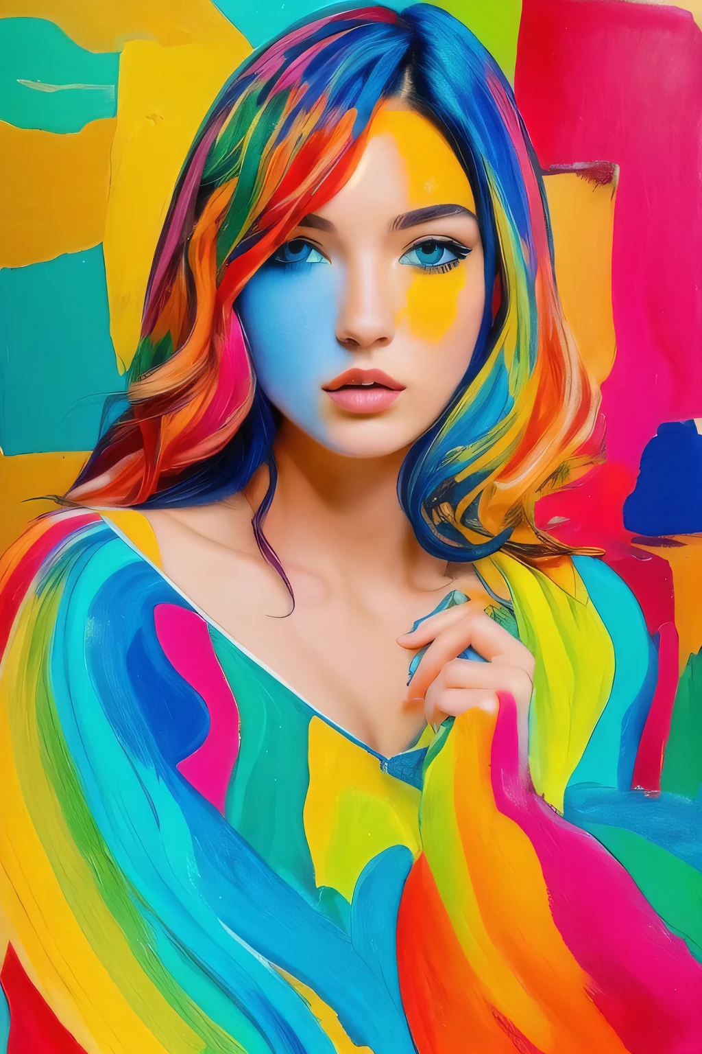 Colorful, multiple colors, intricate detail, splash screen, photorealistic, intricately detailed fluid gouache painting, calligraphy, acrylic, watercolor art,
masterpiece, best quality, 1girl, <lora:kwFemale_Beta40-SDXL_v1:1>, cleavage