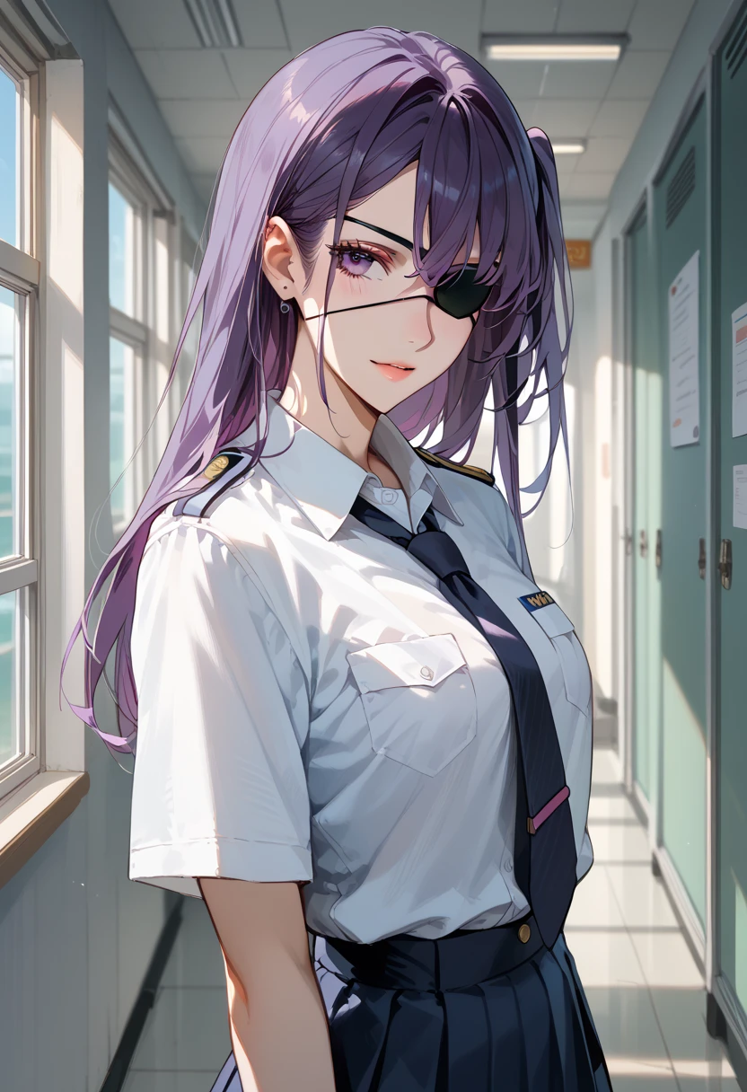 .Eye patch、 purple hair、uniform、School corridor