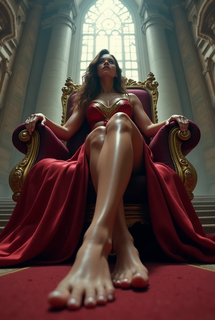 (Ultra High Definition, Realistic: 1.5), Alicia Vikander (aged 25), Radiates confidence in full black-and-red lingerie, Seductively standing with feet planted firmly on the ground, Detailed skin texture depicts every pore and flawless complexion, Smiling invitingly with a smirk, Long braids cascading down her back, Mouth slightly open as if sharing a secret, View from below accentuating her curves, Endearing yet alluring pose, Bare legs gleaming with a subtle sheen, Arms crossed under her ample bust, Head slightly turned, Dynamic and captivating.