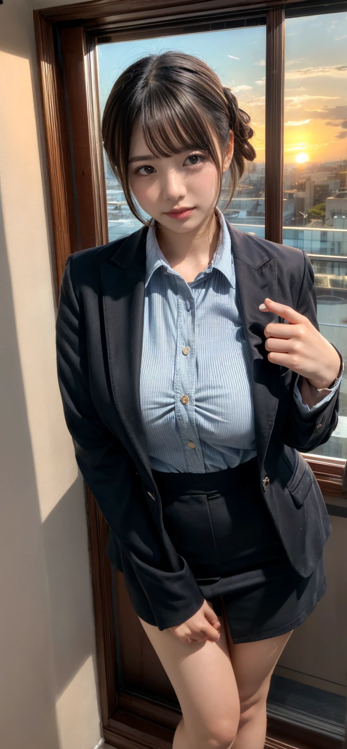 (Highest quality, masterpiece:1.2), White Background, (非常に大きい顔よりHuge breasts:1.82), (Very big ass:1.65), Realistic, Big Breasts, Huge breasts, huge waist, thick, Narrow waist, Long legs, thick thighs, Fair skin, Rosy Cheeks, Porcelain-like skin, White T-shirt, Crew neck dress, Closed neck dress, pants, (Business jacket:1.2), (Brown Hair:1.2), Big eyes, Small face, Cute round face, Beautiful woman, smile, eyelash, Highly detailed face, Cute duck-like mouth, Are standing, Japanese Goddess, Japanese actress, Japanese Model, ((Extremely precise and accurate anatomy)), (((Height 146cm)))