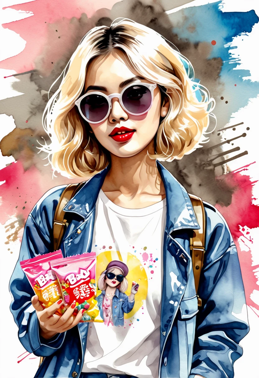 watercolor, おしゃれなブロンドの女の子のベクター スタイルのイラスト, She is wearing cat eye sunglasses , White background. Isolated subject 、 vintage vibe 、Oil Painting Atmosphere 、The touch of oil painting、( hip hopシーン)  hip hop、Bad Girl、Graffiti Artist, " Kansai obachan in the background" and "Here,have a candy"and Give a candy and Laughと書かれている、 holding a hard candy wrapped in wrapping paper on the palm of her hand and holding it out with one hand 、Vector style illustration of a stylish blond girl holding candy in the palm of her hand 