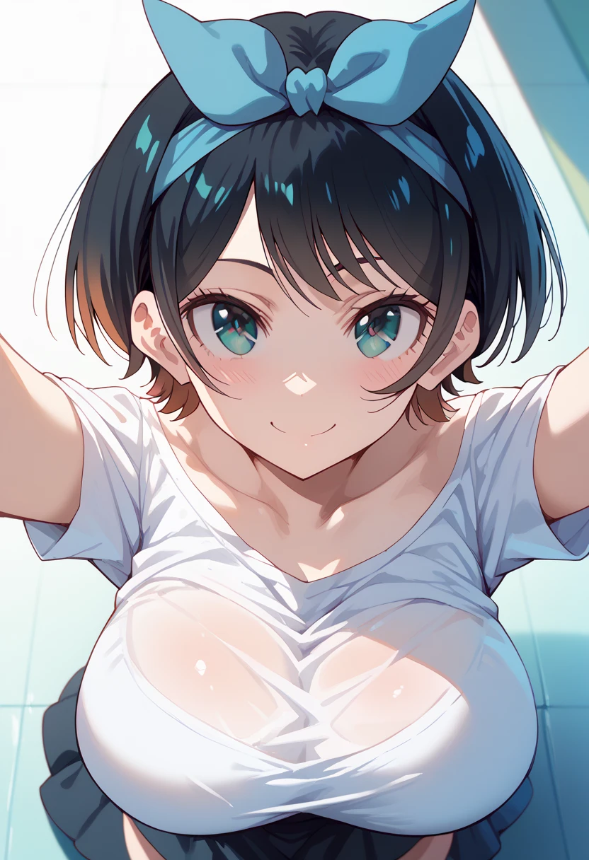 masterpiece, high definition , best quality,8k (Kanojo Okarishimasu,Ruka Sarashina,slender, gigantic breasts)smile
( from above, on face close-up)