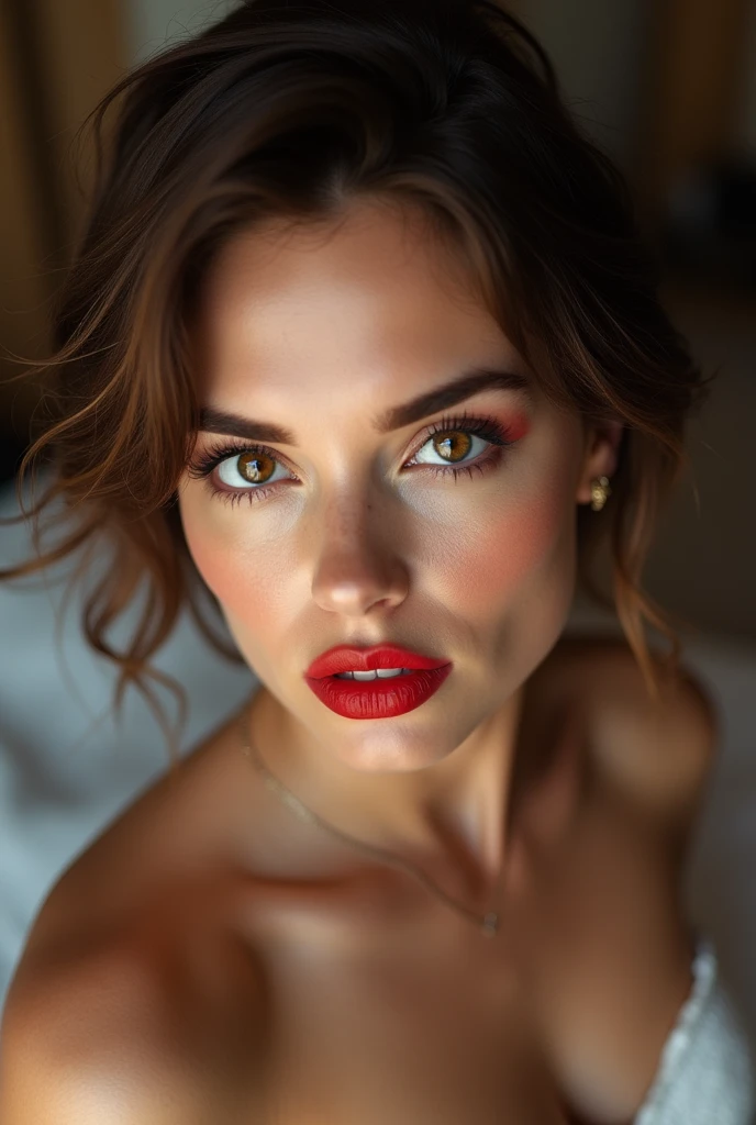 Young woman, big lips, Red glossy lipstick, Shine, reflection, big breasts, high detail ,ultra quality, mascara, eyelashes, drops, white top, nipples, no bra , big breasts топик сиськи 