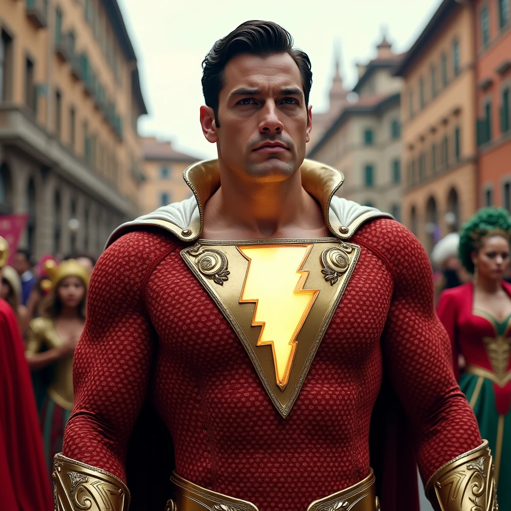 (masterpiece, intricately detailed, highest resolution, best quality:1.2), (doujin), a cocky Latino Instagram influencer,a 24 y.o muscle stud with a muscular physique sitting on a chair with black eyes,dark-skinned male, wearing a ((shazamsuit inspired costume)), (excessive cum), (cum on body), (cum drip), flaccid penis,saggy balls,hairy chest,vascular,muscle striations,soft light,fantastic realism,