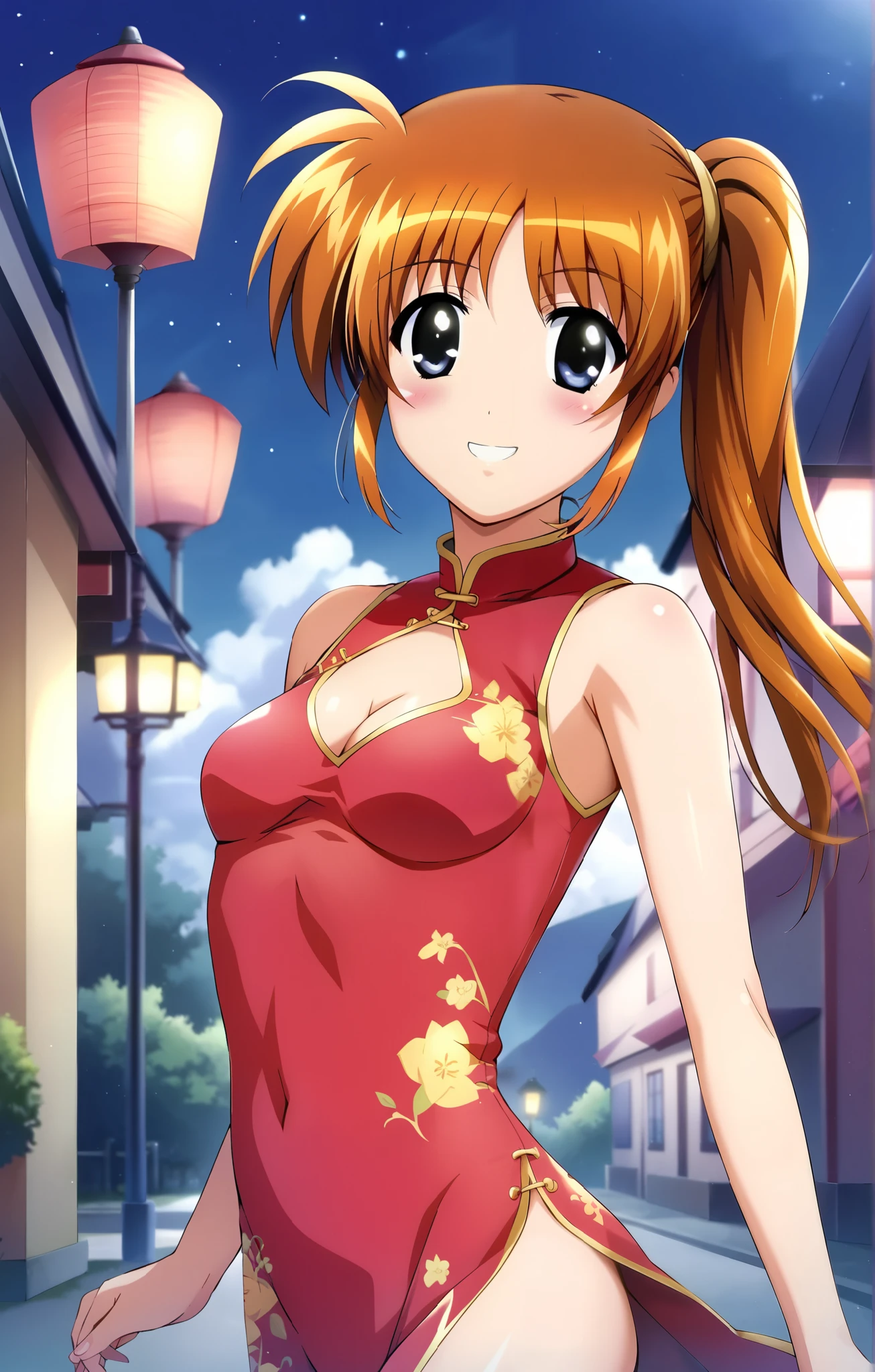 Nanoha, (cowboy shot), ( small breasts), ( cleavage:1.1), ( china dress:1.2), (Red cheeks:1.2), ( I'm embarrassed :1.2), ( bright smile:1.1), (wind lift:1.1), ( Sexy Poses :1.3), (Night Lounge:1.3), (night:1.3),  score_9,  score_8_superior,  score_7_superior,  source_anime, (best quality:1.2), 細部までこだわったanime,  high quality, full color, 8k, natural body shape,  high definition 