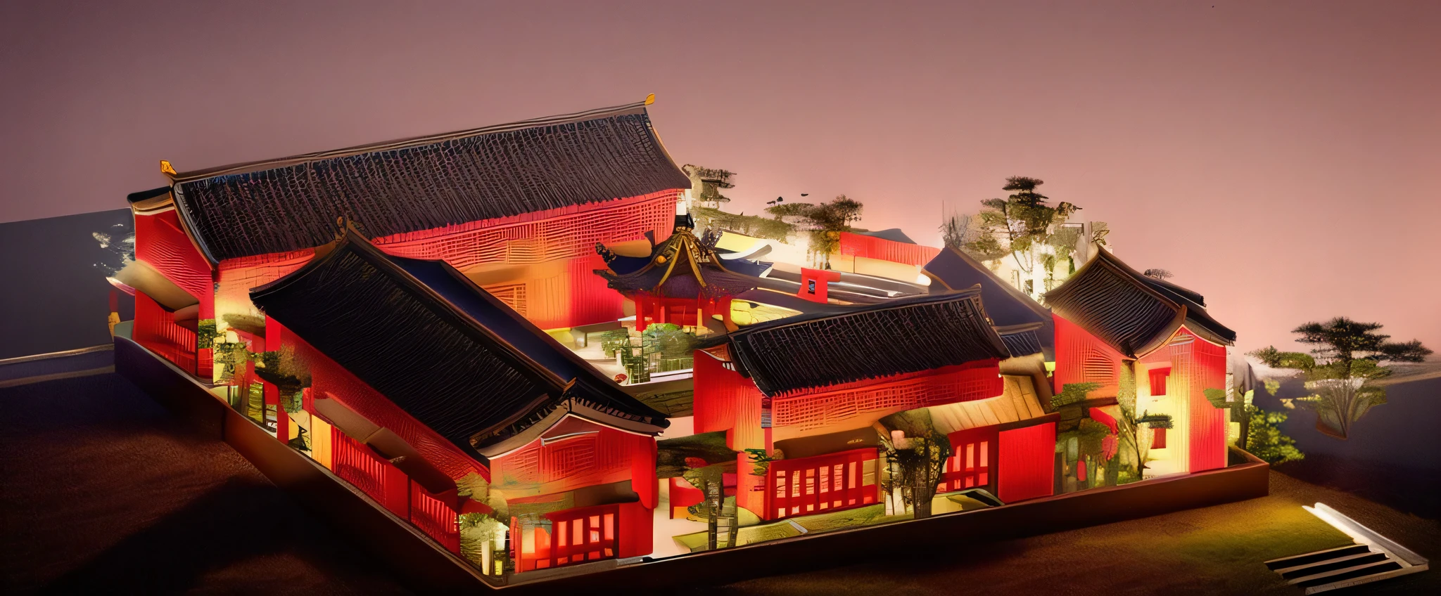 a detailed rendering of a traditional Chinese house with a courtyard and a pagoda, inspired by the masterful works of the Tang dynasty painter Dong Yuan, featuring a fish pond and a beautiful garden, cinematic lighting, intricate Chinese architecture, white walls, elegant and refined