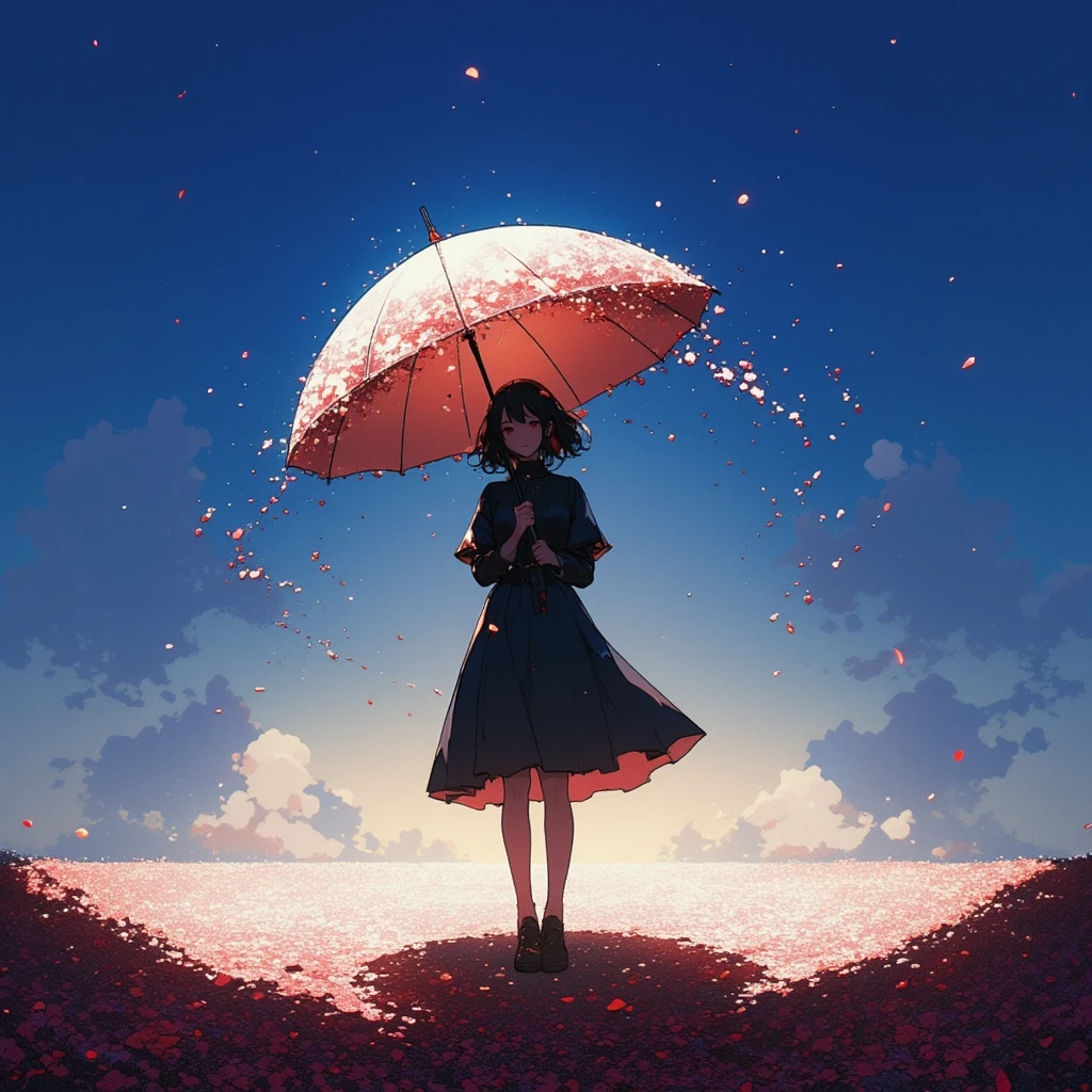 
1girl\(holding umbrella\(transparent,mass amount of petals decorate umbrella\)\), mass amount of petals filling in the air. petals cover ground. minimalism, simplism