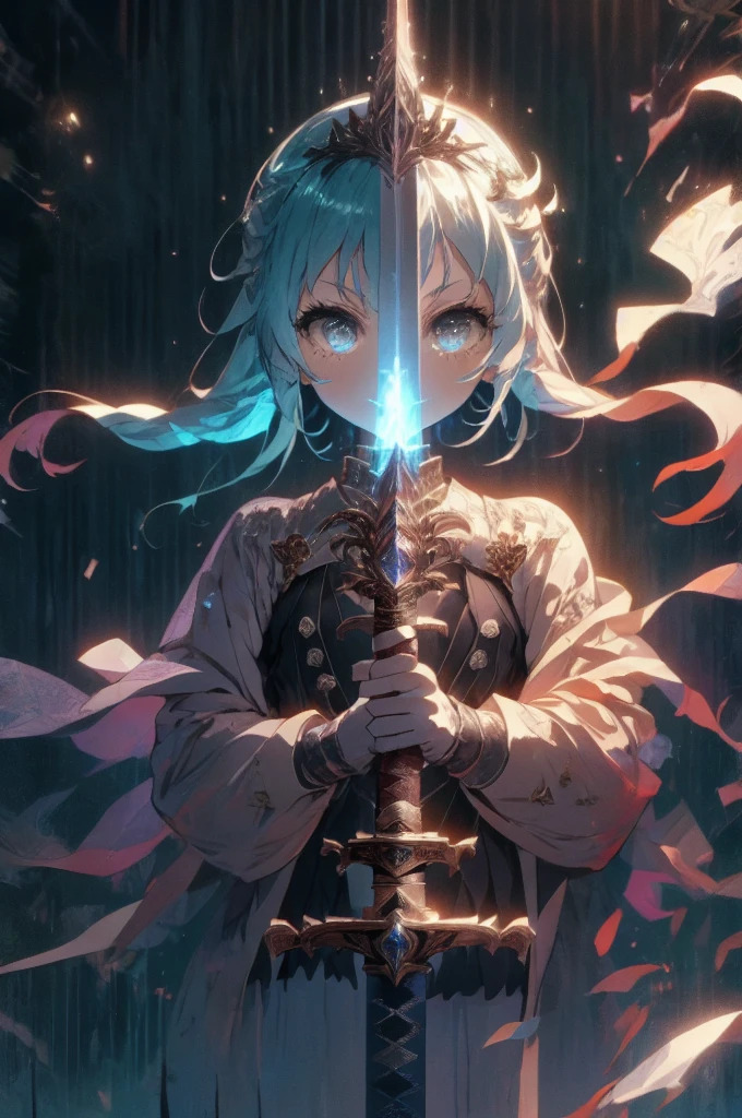 (masterpiece,  best quality,   super detailed ), Magical, ice,  1 girl, Alone,   full body shot , Magical girl, ( glowing planted sword:1.2), stance, Blue magic circle,  swings up a sword , Cyan tones,  snow theme,