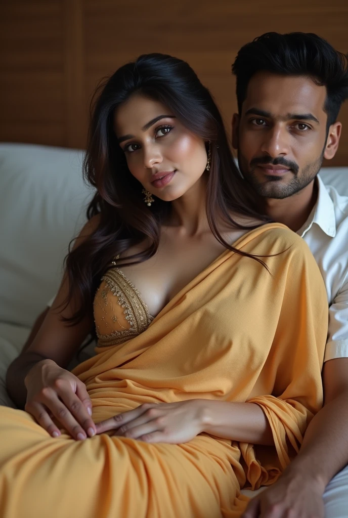 Beautiful princess in indian red gold plated lahenga, necklace, jewelry, hair accessories sleeping with an ancient indian handsome king in Dhoti and no upper garment, ancient indian male jewelry and neck length hair with ancient indian male hair accessories 