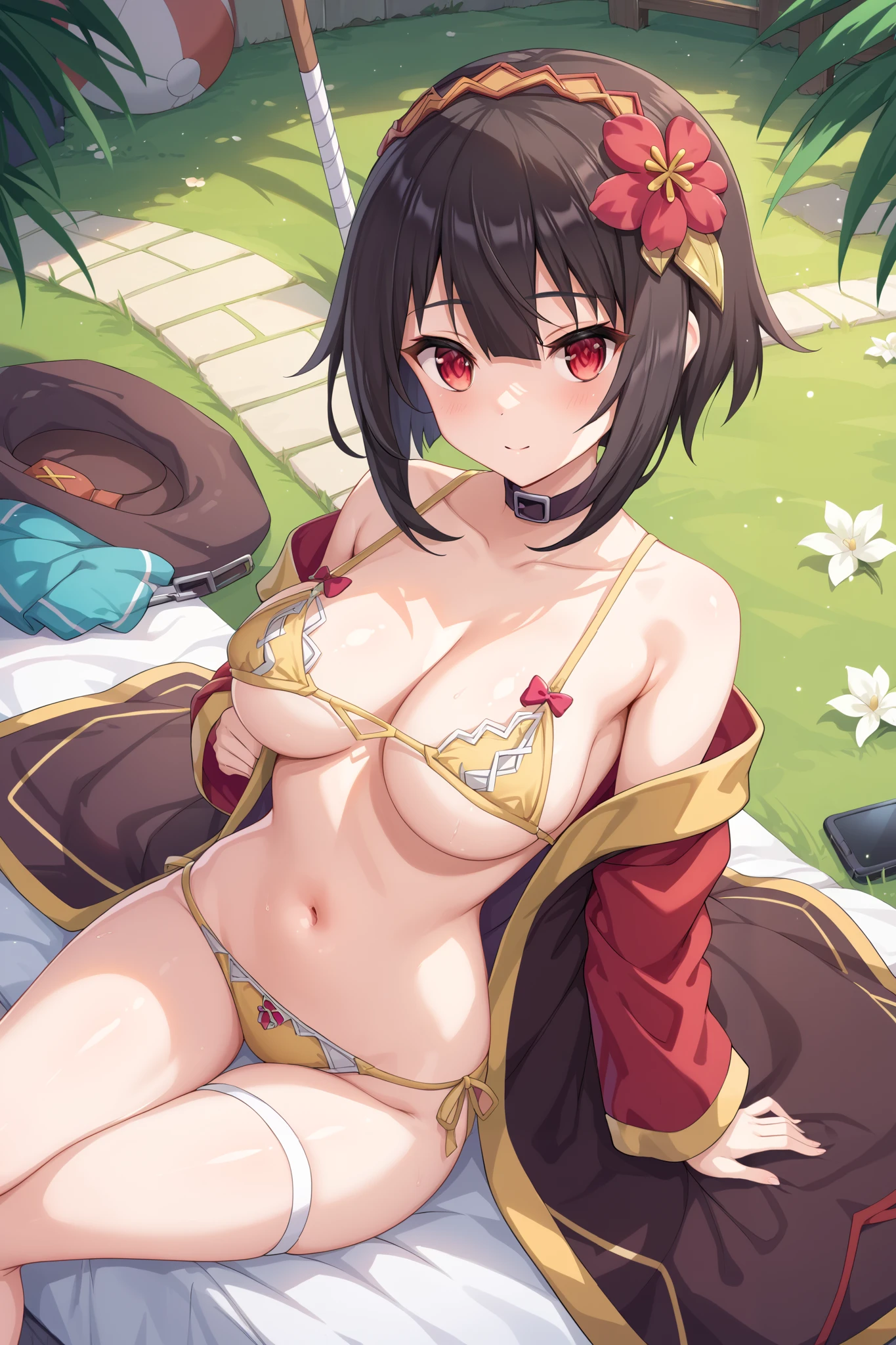 NSFW,masterpiece, best quality, high definition , Very detailed,Megumin\( bless this wonderful world\), short hair、 black hair、Red Eye、 siderock 、 long rock