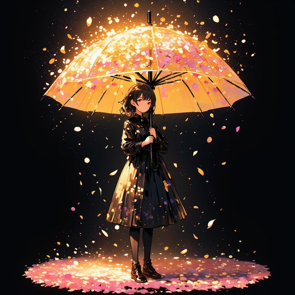 
1girl\(holding umbrella\(transparent,mass amount of petals decorate umbrella\)\), mass amount of petals filling in the air. petals cover ground. minimalism, simplism