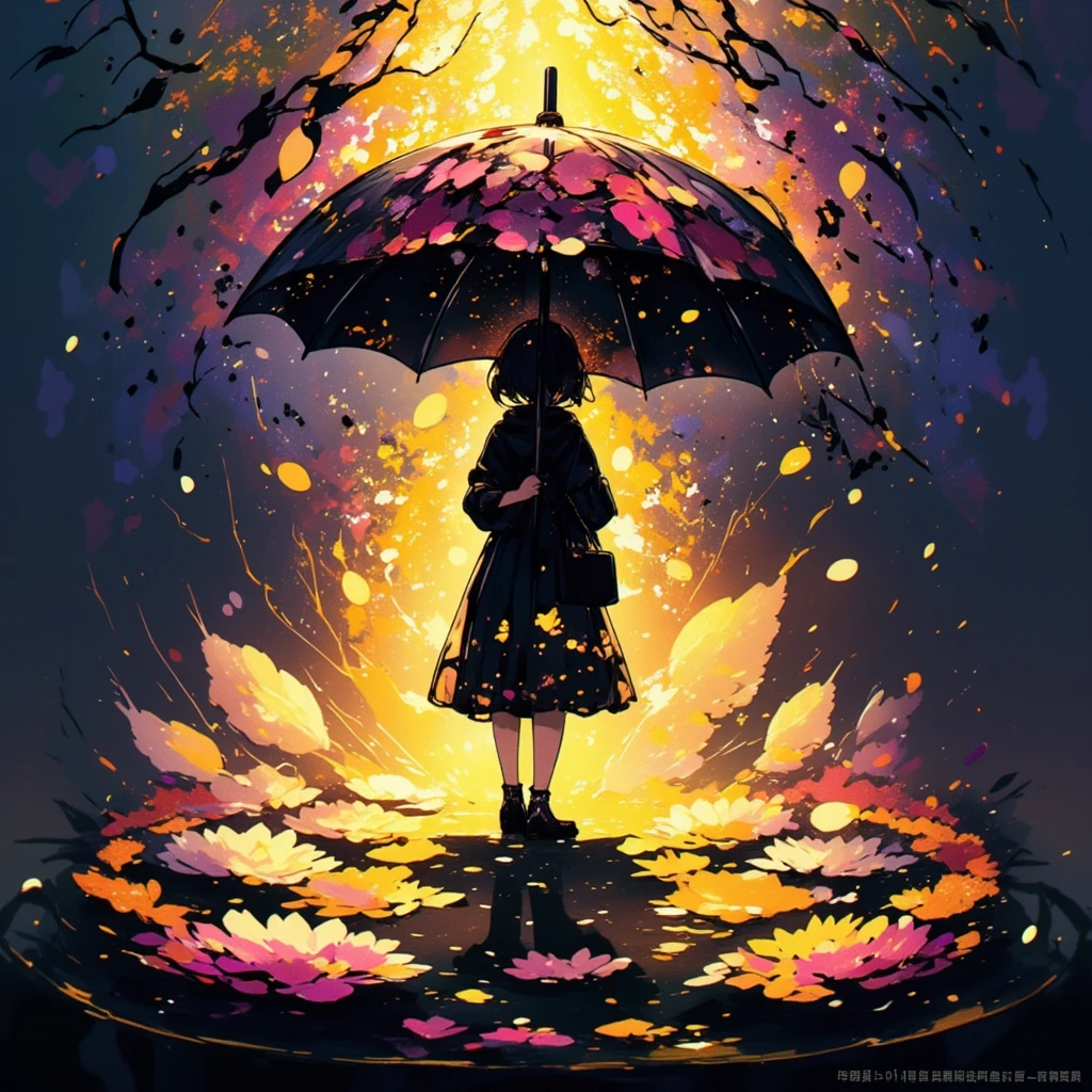 
1girl\(holding umbrella\(transparent,mass amount of petals decorate umbrella\)\), mass amount of petals filling in the air. petals cover ground. minimalism, simplism