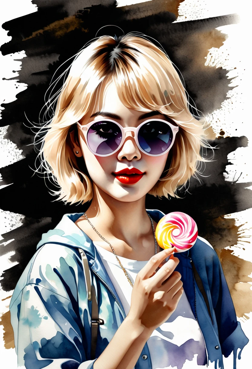 watercolor, おしゃれなブロンドの女の子のベクター スタイルのイラスト, She is wearing cat eye sunglasses , White background. Isolated subject 、 vintage vibe 、Oil Painting Atmosphere 、The touch of oil painting、( hip hopシーン)  hip hop、Bad Girl、Graffiti Artist, " Kansai obachan in the background" and "Here,have a candy"and Give a candy and Laughと書かれている、 holding a hard candy wrapped in wrapping paper on the palm of her hand and holding it out with one hand 、Vector style illustration of a stylish blond girl holding a candy in her palm and holding it out 